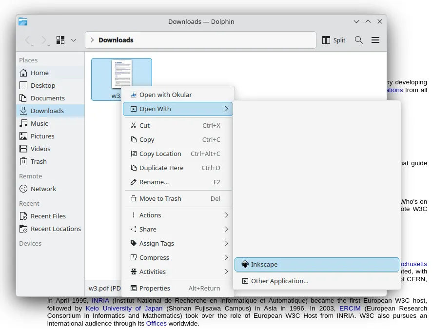 after right-clicking a pdf you can select inkspcape to open it